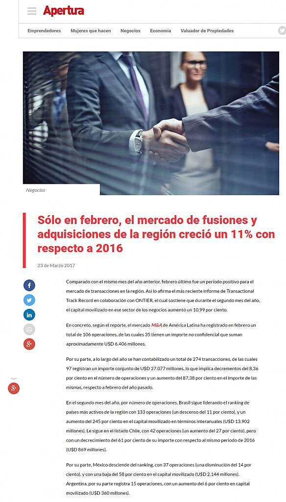 Slo en febrero, el mercado de fusiones y adquisiciones de la regin creci un 11% con respecto a 2016